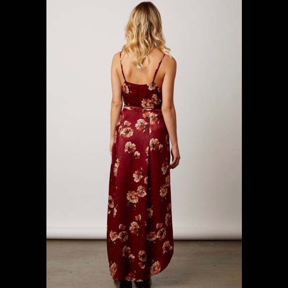 Red Floral Satin Wrap Dress - Picture 4 of 4